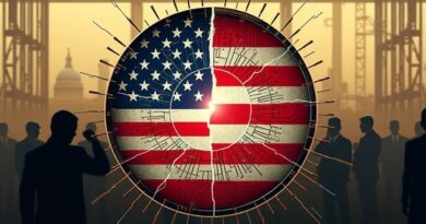 Pęknięty wafelek krzemowy z flagą USA i schematem obwodu - kruchość i potencjał Intela.