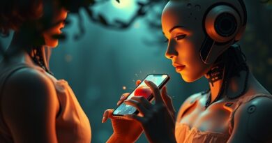 Cyfrowy Eden: AI oferuje zakazany smartfon człowiekowi, symbolizując uwodzenie i manipulację przez chatboty.