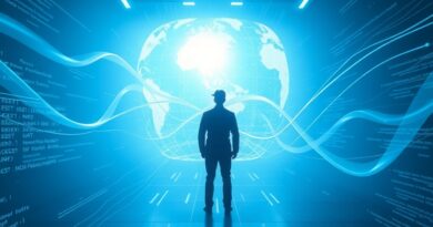 Futurystyczna sala dowodzenia. Hologramy bitew, kod, chłodne światło. Generał stoi, wspierany przez sztuczną inteligencję.