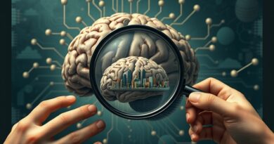 Ocena AI: mózg z obwodów i neuronów pod lupą, odbicie miasta symbolizuje wpływ na świat.