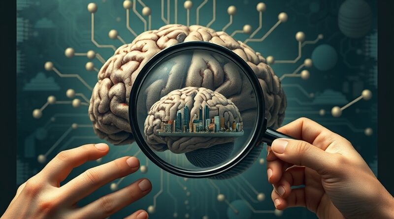 Ocena AI: mózg z obwodów i neuronów pod lupą, odbicie miasta symbolizuje wpływ na świat.
