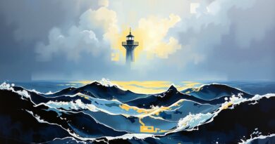 Burzliwe morze, złoty snop światła latarni morskiej z cyfrowymi zakłóceniami. Impasto, odcienie błękitu, szarości i złota.