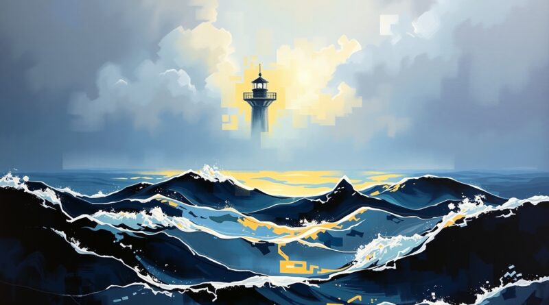 Burzliwe morze, złoty snop światła latarni morskiej z cyfrowymi zakłóceniami. Impasto, odcienie błękitu, szarości i złota.