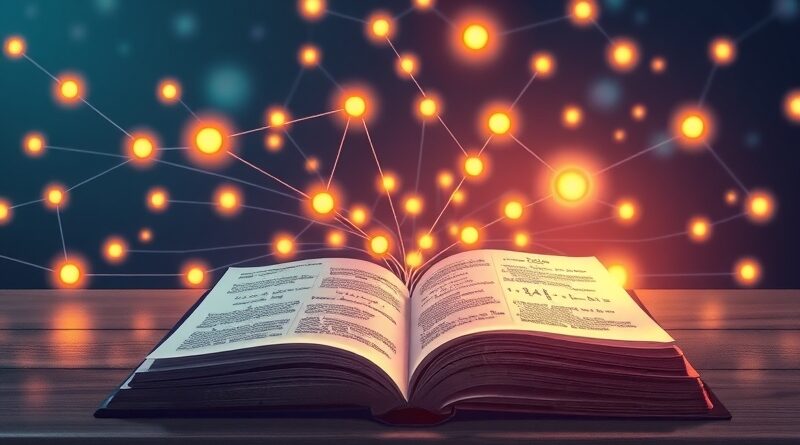 Sieć kodujących węzłów wypływa z otwartej książki z równaniami, symbolizując DeepCode AI przekształcające prace naukowe w kod.