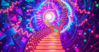 Dwuniciowa helisa schodów z nukleotydów, symbolizująca precyzję korekty DNA przez DeepPolisher Google AI. Eteryczna atmosfera postępu.