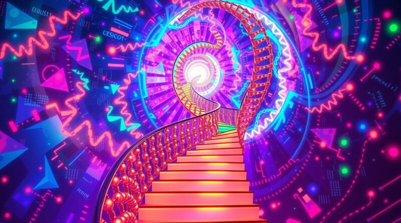 Dwuniciowa helisa schodów z nukleotydów, symbolizująca precyzję korekty DNA przez DeepPolisher Google AI. Eteryczna atmosfera postępu.