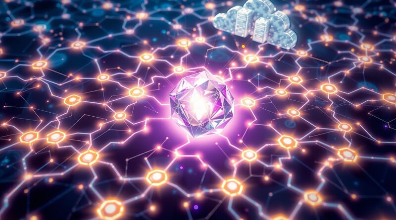 Abstrakcyjna sieć neuronowa symbolizująca rozumowanie AI, z kryształem DeepSeek-R1-0528 w centrum i chmurami dostawców.