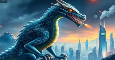 Cyfrowy smok z obwodami w łuskach, zionący binarnym kodem na tle futurystycznego miasta.