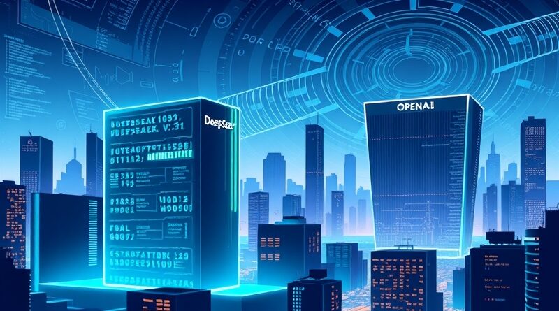 Futurystyczne miasto, centrum danych DeepSeek v3.1 na pierwszym planie, OpenAI w tle. Symbolika rywalizacji AI.