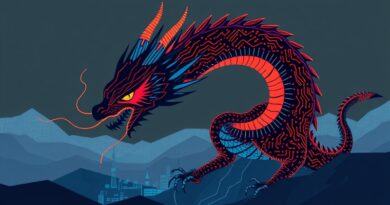 Stylizowany, abstrakcyjny smok (Deepseek/Chiny) wyłania się z Doliny Krzemowej, ziejąc binarnym kodem.