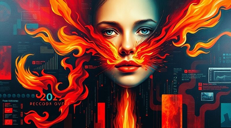 Kłębiące się płomienie i cyfrowe dane. Ukryta twarz symbolizuje bezbronność wobec kryzysu i dezinformacji.