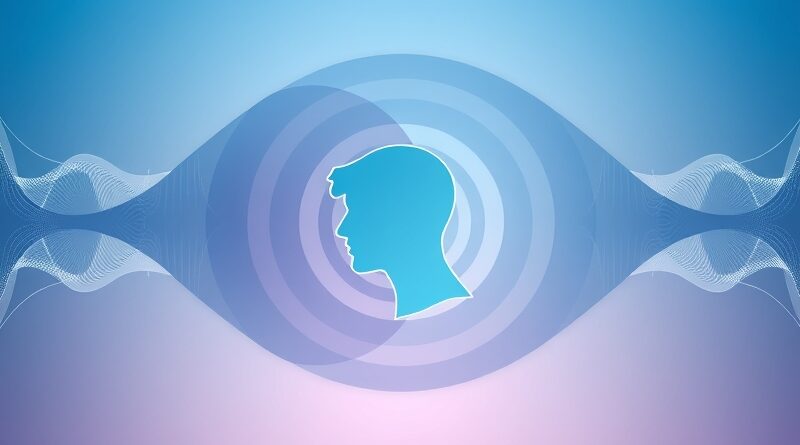 Abstrakcyjne fale dźwiękowe zbiegające się w stylizowaną głowę, symbolizujące diaryzację mówcy.