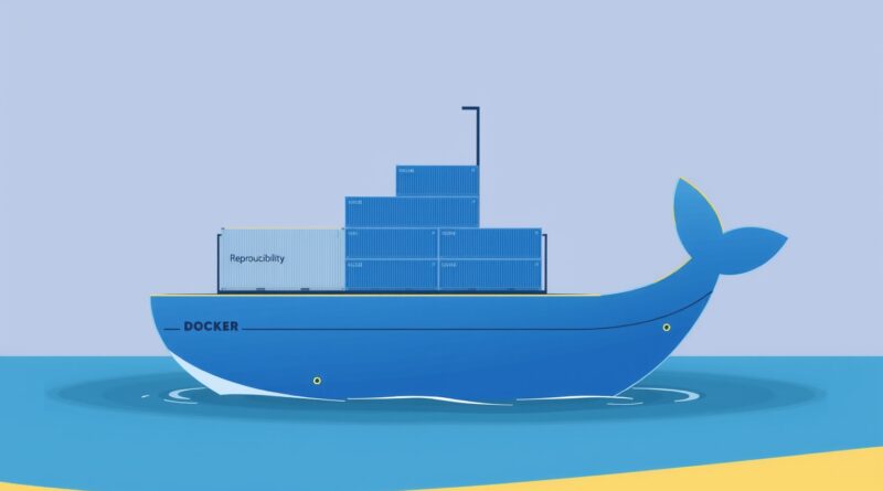 Kontenerowiec z kontenerami "Reprodukowalność", "Przenośność" i "Spójność" symbolizuje Docker jako fundament wiarygodnej AI.