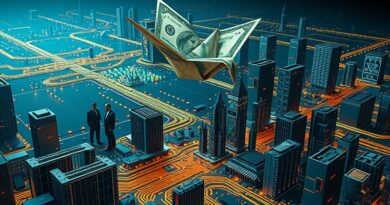 Futurystyczna płyta główna jako miasto, origami z dolara, cień polityki i sztuczna inteligencja.