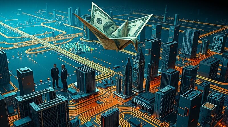 Futurystyczna płyta główna jako miasto, origami z dolara, cień polityki i sztuczna inteligencja.