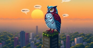 Stylizowana sowa na wykresie giełdowym symbolizującym miasto o świcie. AI, język i sukces Duolingo.