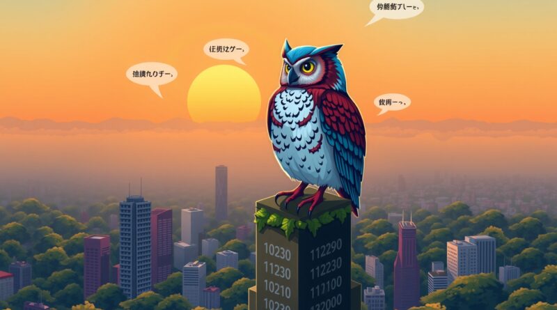 Stylizowana sowa na wykresie giełdowym symbolizującym miasto o świcie. AI, język i sukces Duolingo.