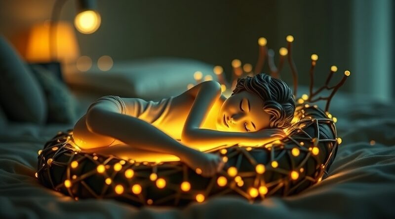 Bioluminescencyjna sieć neuronowa otula śpiącą postać, symbolizując optymalizację snu dzięki AI. Eight Sleep i rozwój technologii snu.