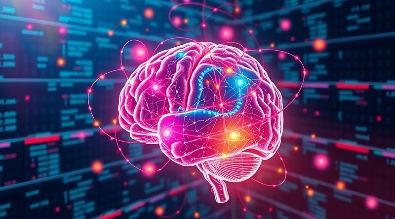 Eteryczny arkusz kalkulacyjny z AI, dane połączone w świetlisty mózg.