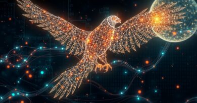 Futurystyczny sokół z neuronowych sieci, lecący przez kosmiczny krajobraz binarnych kodów, symbolizujący architekturę LLM Falcon-H1.