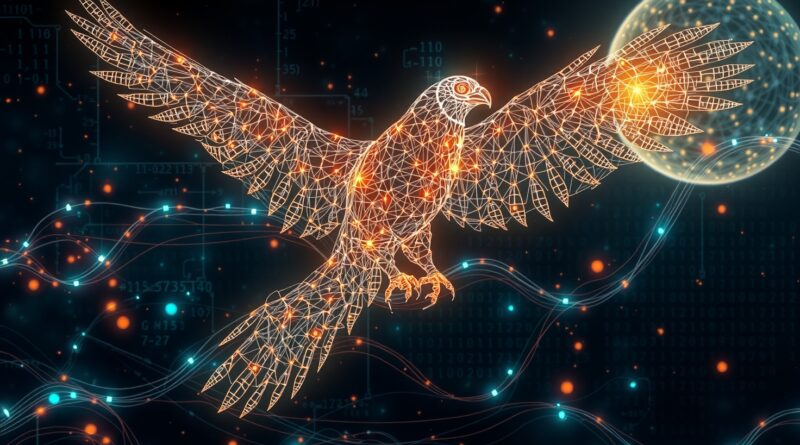 Futurystyczny sokół z neuronowych sieci, lecący przez kosmiczny krajobraz binarnych kodów, symbolizujący architekturę LLM Falcon-H1.