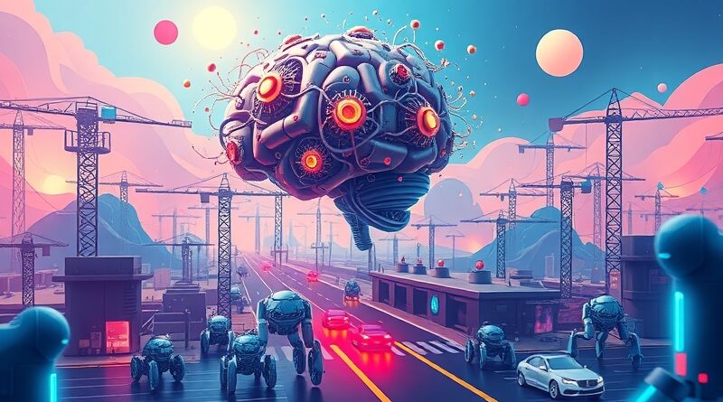 Futurystyczny mózg z obwodów nad polem robotów. Elektryzujące barwy, zaawansowana technologia, potencjał komercyjny.