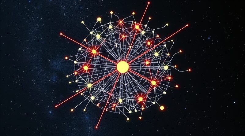 Skomplikowany diagram Feynmana spleciony z sieciami neuronowymi na tle kosmosu, symbolizujący zrozumienie AI.