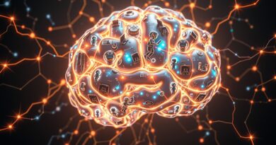 Świecąca sieć połączeń mózgu AI, zarządzająca zadaniami cyfrowymi, sugerując przyszłość fizycznych robotów.