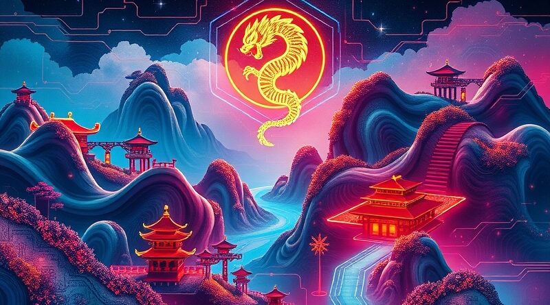 Obwód elektroniczny stylizowany na chiński pejzaż, symbolizujący postęp technologiczny i tradycyjne dziedzictwo w GLM-4.5.