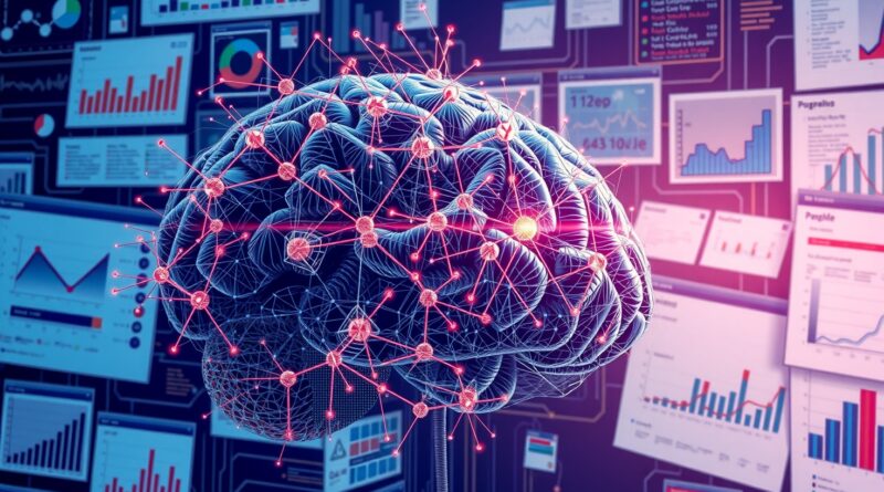 Rozbudowany mózg sieci neuronowej AI, synapsy iskrzą się światłem, tło: wykresy, dokumenty, okna interfejsu. GLM-4.5V, AI, multimodalność.