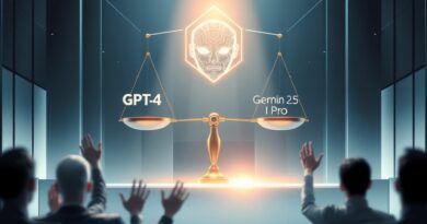 Abstrakcyjna sala sądowa AI. Waga sprawiedliwości przechyla się na korzyść GPT-4 nad Gemini 2.5 Pro.