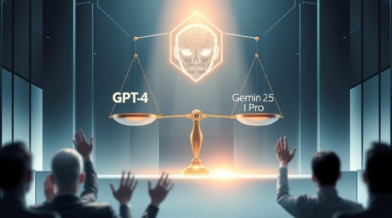 Abstrakcyjna sala sądowa AI. Waga sprawiedliwości przechyla się na korzyść GPT-4 nad Gemini 2.5 Pro.