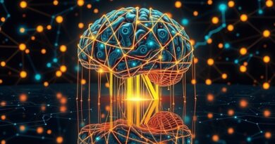 Świecący mózg z obwodów, strumienie danych do DuckDuckGo, odbicie konstelacji wiedzy. Styl Art Nouveau.