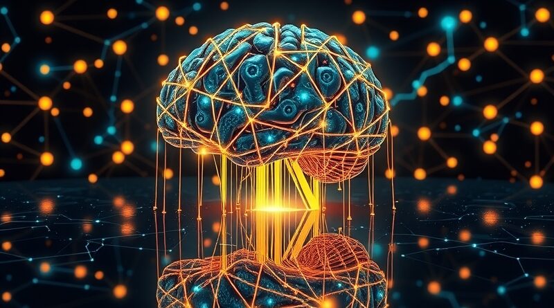 Świecący mózg z obwodów, strumienie danych do DuckDuckGo, odbicie konstelacji wiedzy. Styl Art Nouveau.