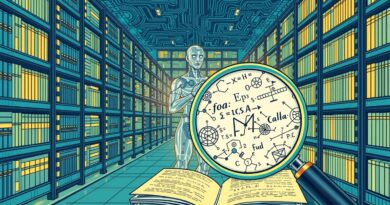 Biblioteka serwerów z danymi w formie książek. AI-uczony analizuje wiedzę z pomocą lupy.