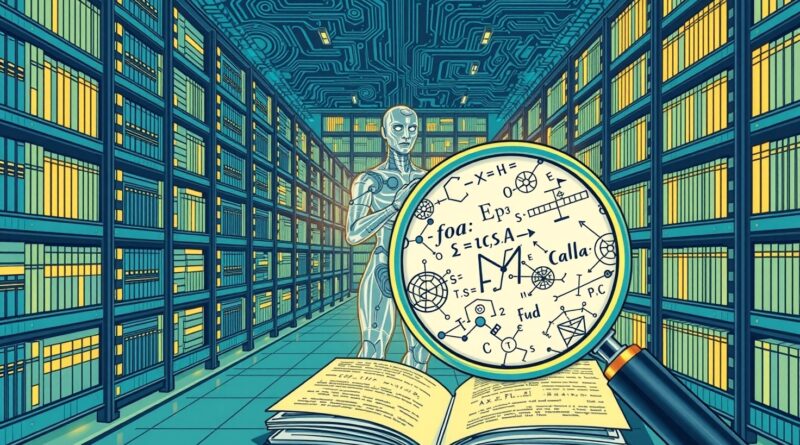 Biblioteka serwerów z danymi w formie książek. AI-uczony analizuje wiedzę z pomocą lupy.