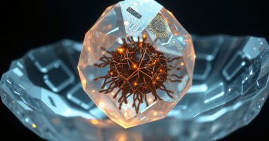 Abstrakcyjna, kryształowa reprezentacja kompaktowego rdzenia sieci neuronowej Gemma 3 270M, symbolizująca precyzję i efektywność AI.