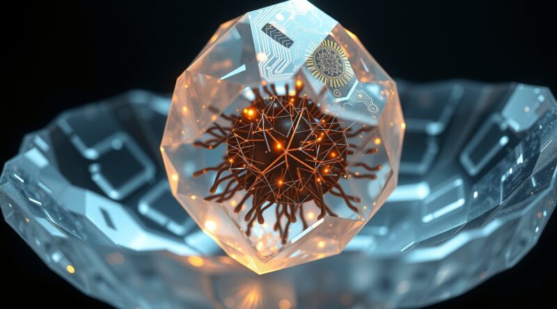 Abstrakcyjna, kryształowa reprezentacja kompaktowego rdzenia sieci neuronowej Gemma 3 270M, symbolizująca precyzję i efektywność AI.
