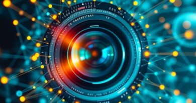 Abstrakcyjna sieć neuronowa tworzy obiektyw aparatu, refrakcja światła, strumienie danych w odcieniach błękitu, zieleni i złota.