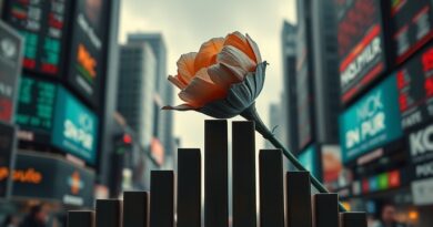 Metaliczny, więdnący kwiat na upadającym wykresie słupkowym. Rozmazane miasto, giełda. Desaturacja, iryzacja. Metafora słabych zysków AI.