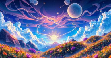 Surrealistyczny cyfrowy krajobraz z pulsującą siecią neuronową, symbolizujący powstający świat wirtualny generowany przez AI Genie 3.