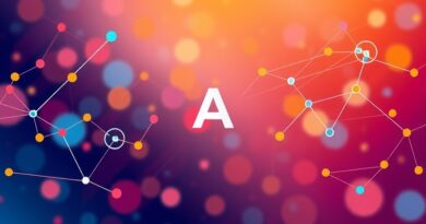 Abstrakcyjna grafika AI Designer Genspark: połączone węzły, gradienty od niebieskiego do pomarańczowego, logo marki.