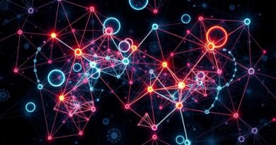 Abstrakcyjna sieć fraktalna z węzłami danych, łącząca się w algorytm predykcyjny. Eteryczny blask, głębokie kolory.