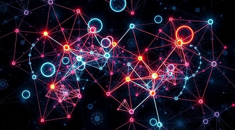 Abstrakcyjna sieć fraktalna z węzłami danych, łącząca się w algorytm predykcyjny. Eteryczny blask, głębokie kolory.