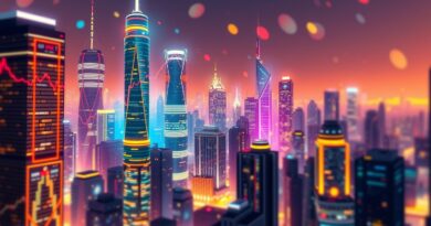 Abstrakcyjna, futurystyczna panorama miasta z wbudowanymi w wieżowce wykresami finansowymi, w stylu neoimpresjonistycznym.