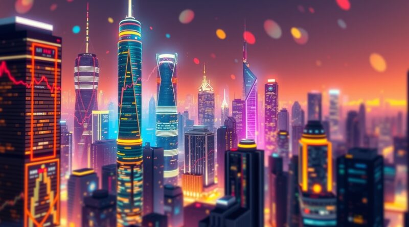 Abstrakcyjna, futurystyczna panorama miasta z wbudowanymi w wieżowce wykresami finansowymi, w stylu neoimpresjonistycznym.