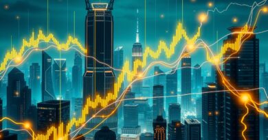 Futurystyczny pejzaż miasta-wykresu świecowego, AI integrująca finanse, błękit, zieleń, złote dane.