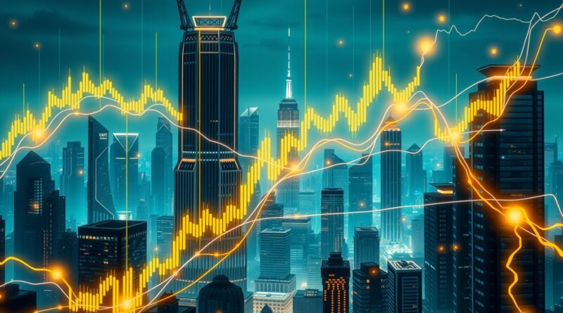 Futurystyczny pejzaż miasta-wykresu świecowego, AI integrująca finanse, błękit, zieleń, złote dane.