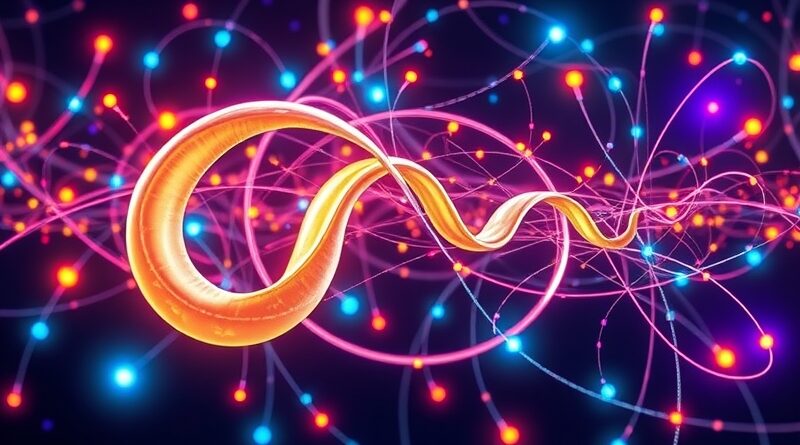 Abstrakcyjna sieć neonowych węzłów, symbolizuje AI w edycji wideo Google Flow. Banana-Möbius w tle.