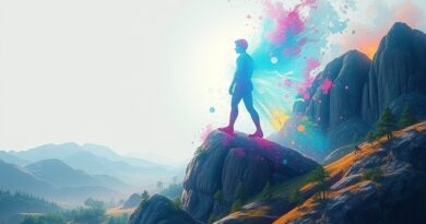 Cyfrowa muza tworząca fotorealistyczny pejzaż na płótnie, z fragmentami kodu w pociągnięciach pędzla.